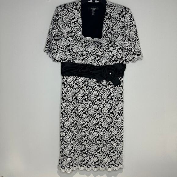 R&M Richards 2 Piece White Black Lace-like Evening Dress - Size 12 Petite - Picture 2 of 12